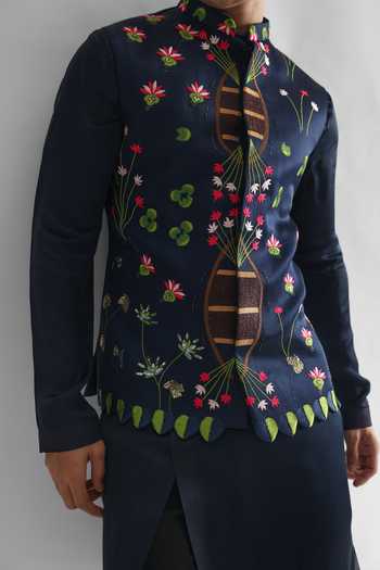 Buy_PAARSH_Blue Linen, Satin, Cotton Embroidery Bundi Kurta Set _Online_at_Aza_Fashions