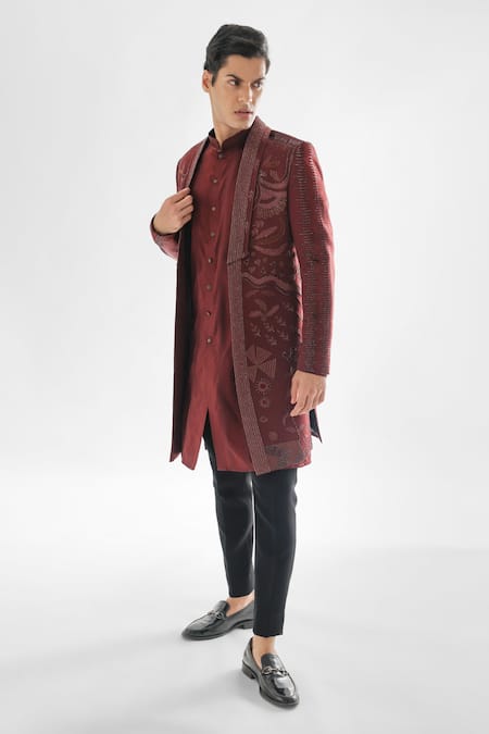 Buy PAARSH Brown Modal, Satin, Terrycloth Crystals, Phlox Embellished Achkan Pant Set Online at Aza Fashions Buy_PAARSH_Brown Modal, Satin, Terrycloth Crystals, Phlox Embellished Achkan Pant Set _Online_at_Aza_Fashions