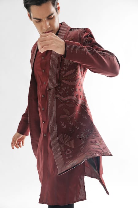 Shop PAARSH Brown Modal, Satin, Terrycloth Crystals, Phlox Embellished Achkan Pant Set Online at Aza Fashions Shop_PAARSH_Brown Modal, Satin, Terrycloth Crystals, Phlox Embellished Achkan Pant Set _Online_at_Aza_Fashions