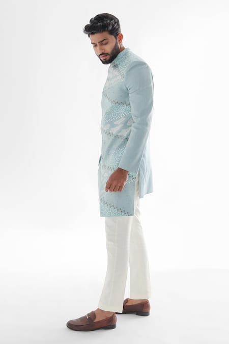 PAARSH Sky Blue Linen, Cotton Xanthos Asymmetric Panels Embroidered Achkan With Pant Online at Aza Fashions PAARSH_Sky Blue Linen, Cotton Xanthos Asymmetric Panels Embroidered Achkan With Pant _Online_at_Aza_Fashions