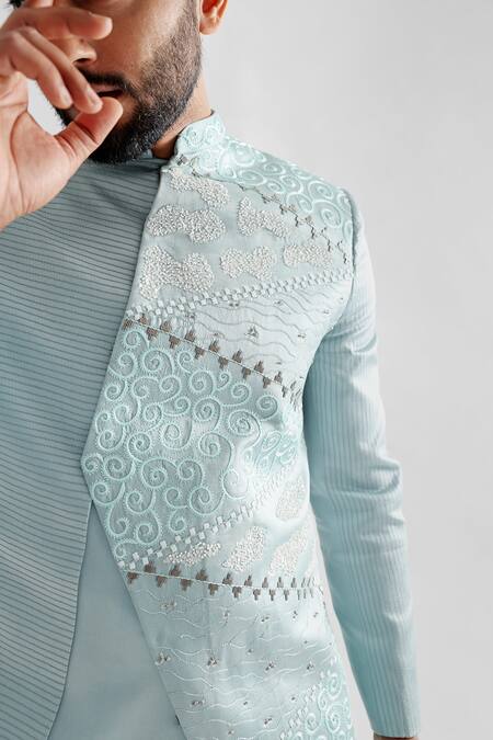 Shop PAARSH Sky Blue Linen, Cotton Xanthos Asymmetric Panels Embroidered Achkan With Pant Online at Aza Fashions Shop_PAARSH_Sky Blue Linen, Cotton Xanthos Asymmetric Panels Embroidered Achkan With Pant _Online_at_Aza_Fashions
