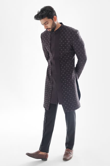 Buy_PAARSH_Purple Bamboo, Cotton Crystals, Embroidery Aster Geometric Achkan With Pant _Online_at_Aza_Fashions