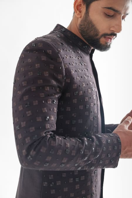 Shop_PAARSH_Purple Bamboo, Cotton Crystals, Embroidery Aster Geometric Achkan With Pant _Online_at_Aza_Fashions