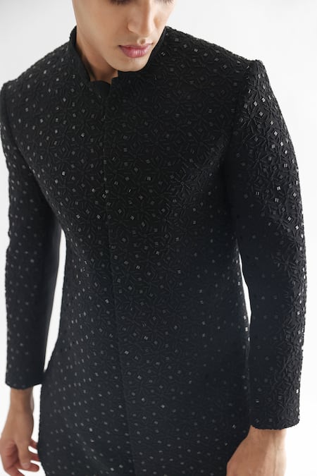 Shop PAARSH Blue Cotton, Terrycloth Crystals, Embroidery Anant Embellished Achkan With Pant Online at Aza Fashions Shop_PAARSH_Blue Cotton, Terrycloth Crystals, Embroidery Anant Embellished Achkan With Pant _Online_at_Aza_Fashions