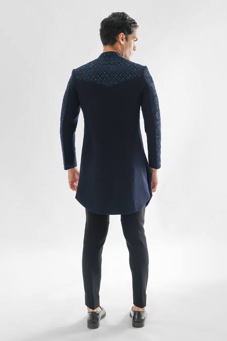 Shop PAARSH Blue Cotton, Terrycloth Crystals, Deep Forest Geometric Achkan With Pant at Aza Fashions Shop_PAARSH_Blue Cotton, Terrycloth Crystals, Deep Forest Geometric Achkan With Pant _at_Aza_Fashions