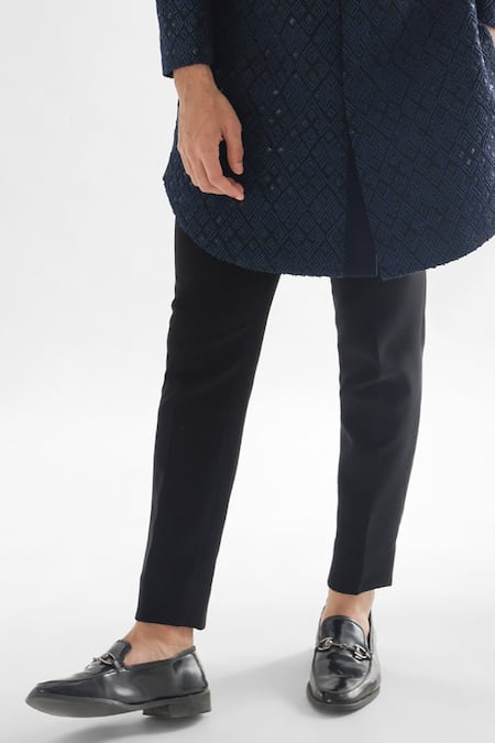 PAARSH Blue Cotton, Terrycloth Crystals, Deep Forest Geometric Achkan With Pant Online at Aza Fashions PAARSH_Blue Cotton, Terrycloth Crystals, Deep Forest Geometric Achkan With Pant _Online_at_Aza_Fashions