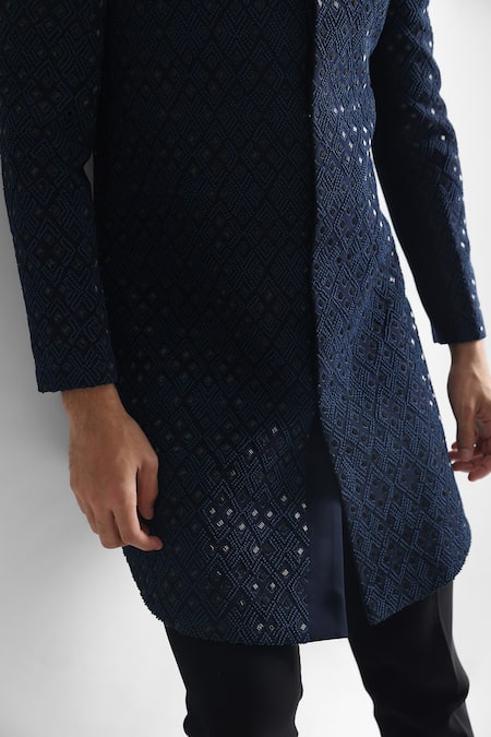 Buy PAARSH Blue Cotton, Terrycloth Crystals, Deep Forest Geometric Achkan With Pant Online at Aza Fashions Buy_PAARSH_Blue Cotton, Terrycloth Crystals, Deep Forest Geometric Achkan With Pant _Online_at_Aza_Fashions