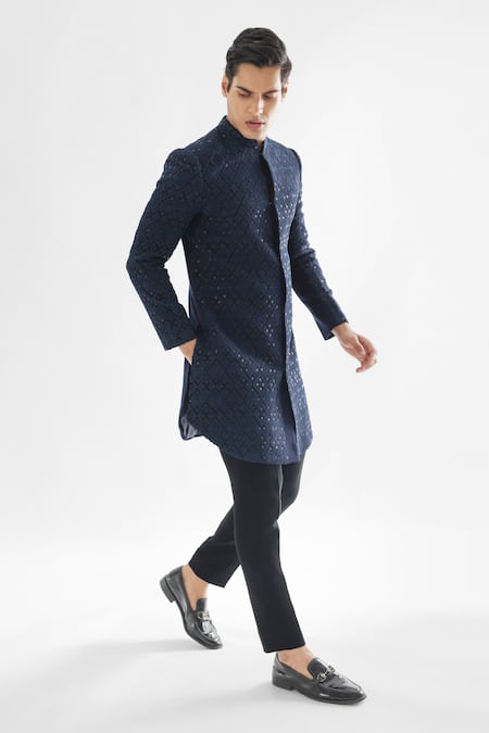 Shop PAARSH Blue Cotton, Terrycloth Crystals, Deep Forest Geometric Achkan With Pant Online at Aza Fashions Shop_PAARSH_Blue Cotton, Terrycloth Crystals, Deep Forest Geometric Achkan With Pant _Online_at_Aza_Fashions