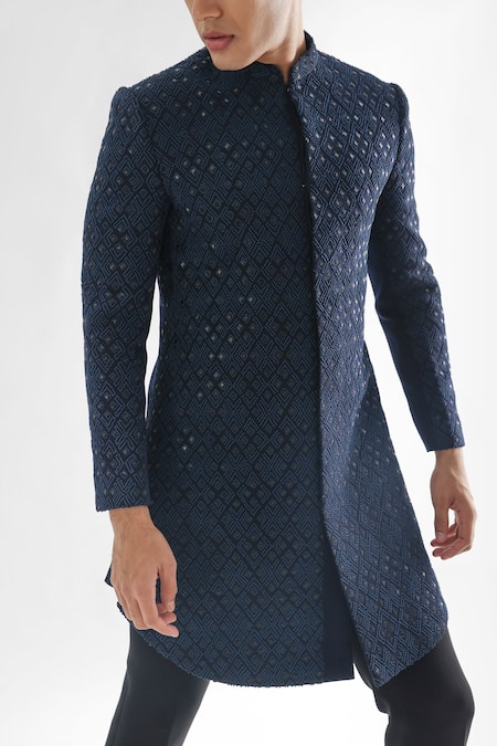 PAARSH Blue Cotton, Terrycloth Crystals, Deep Forest Geometric Achkan With Pant at Aza Fashions PAARSH_Blue Cotton, Terrycloth Crystals, Deep Forest Geometric Achkan With Pant _at_Aza_Fashions