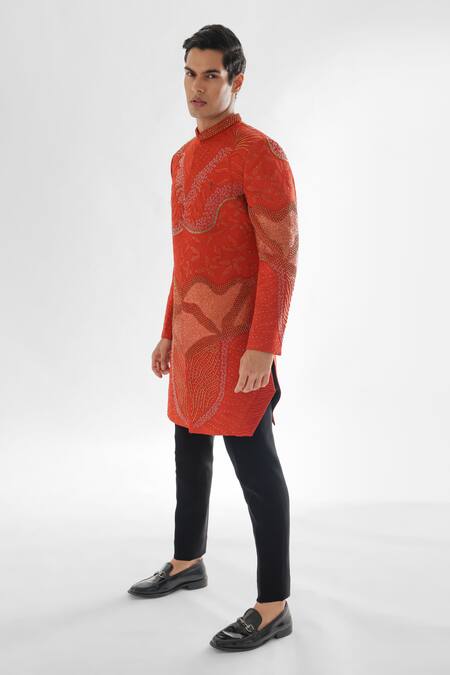 PAARSH_Orange Modal, Cotton Crystals, Mafiyaa Abstract Embellished Achkan With Pant _Online_at_Aza_Fashions