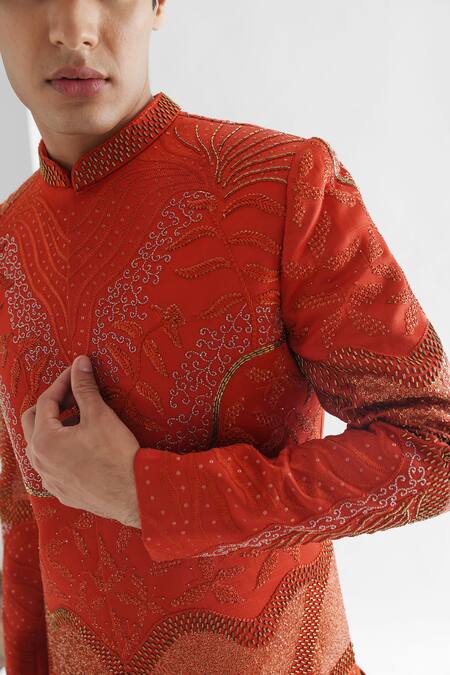 Shop_PAARSH_Orange Modal, Cotton Crystals, Mafiyaa Abstract Embellished Achkan With Pant _Online_at_Aza_Fashions