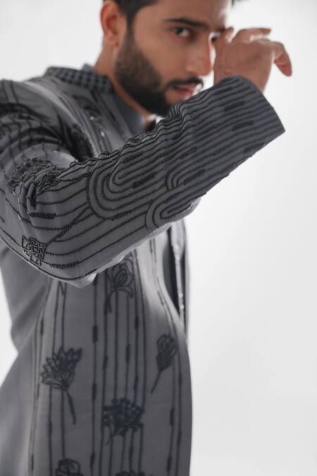 Shop PAARSH Blue Modal, Cotton, Satin Naval Floral Cutdana Embellished Achkan Pant Set Online at Aza Fashions Shop_PAARSH_Blue Modal, Cotton, Satin Naval Floral Cutdana Embellished Achkan Pant Set _Online_at_Aza_Fashions