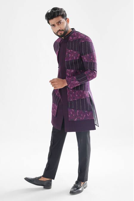 Buy_PAARSH_Purple Modal, Cotton, Terrycloth Crystals, Iris Threadwork Achkan With Pant _Online_at_Aza_Fashions