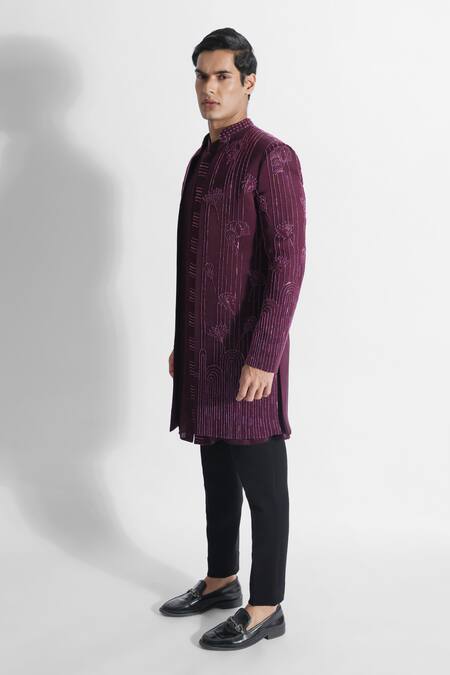 Buy_PAARSH_Magenta Modal, Cotton, Satin Spruce Floral Embellished Achkan Pant Set _Online_at_Aza_Fashions