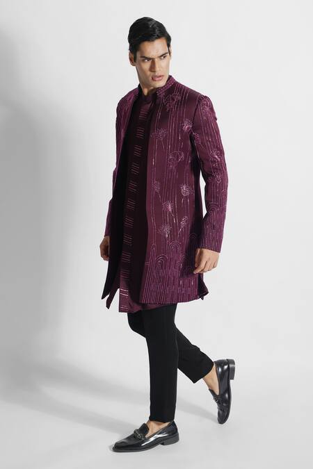 Shop PAARSH Magenta Modal, Cotton, Satin Spruce Floral Embellished Achkan Pant Set Online at Aza Fashions Shop_PAARSH_Magenta Modal, Cotton, Satin Spruce Floral Embellished Achkan Pant Set _Online_at_Aza_Fashions