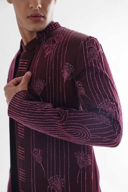 PAARSH Magenta Modal, Cotton, Satin Spruce Floral Embellished Achkan Pant Set at Aza Fashions PAARSH_Magenta Modal, Cotton, Satin Spruce Floral Embellished Achkan Pant Set _at_Aza_Fashions