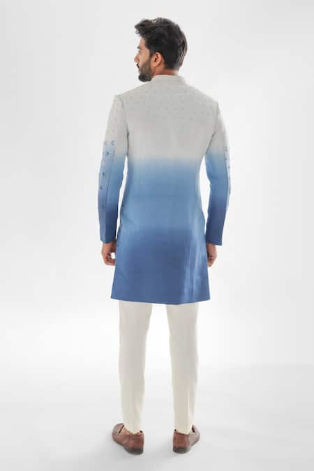 Shop PAARSH Blue Linen, Cotton Cut Work Sunset Ombre Achkan With Pant at Aza Fashions Shop_PAARSH_Blue Linen, Cotton Cut Work Sunset Ombre Achkan With Pant _at_Aza_Fashions