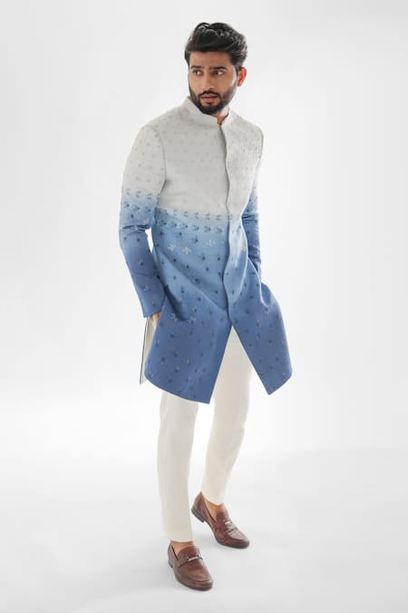 Buy PAARSH Blue Linen, Cotton Cut Work Sunset Ombre Achkan With Pant Online at Aza Fashions Buy_PAARSH_Blue Linen, Cotton Cut Work Sunset Ombre Achkan With Pant _Online_at_Aza_Fashions
