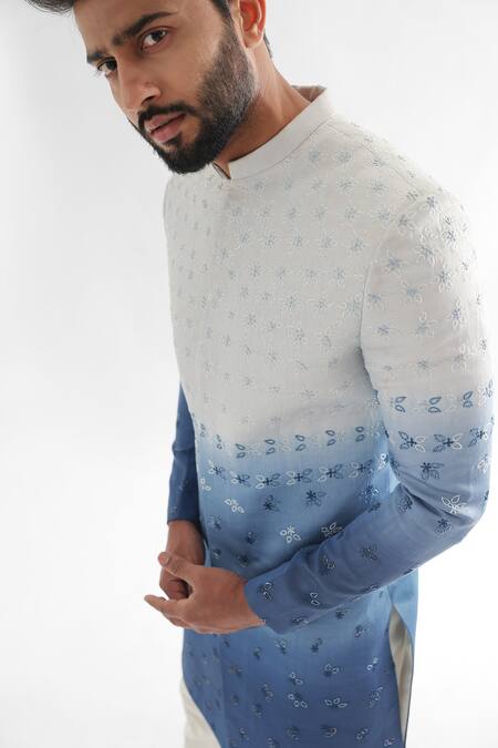 Shop PAARSH Blue Linen, Cotton Cut Work Sunset Ombre Achkan With Pant Online at Aza Fashions Shop_PAARSH_Blue Linen, Cotton Cut Work Sunset Ombre Achkan With Pant _Online_at_Aza_Fashions