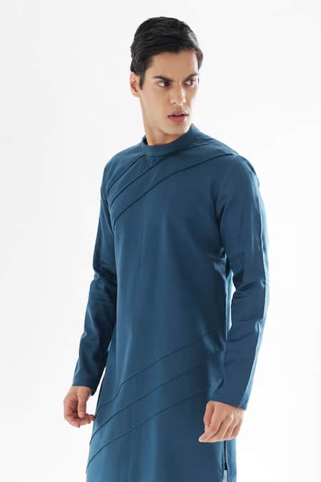 PAARSH_Blue Modal, Satin, Cotton Douse Pintuck Kurta And Pant Set _Online_at_Aza_Fashions