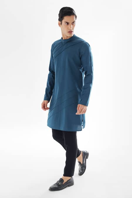 Buy_PAARSH_Blue Modal, Satin, Cotton Douse Pintuck Kurta And Pant Set _Online_at_Aza_Fashions