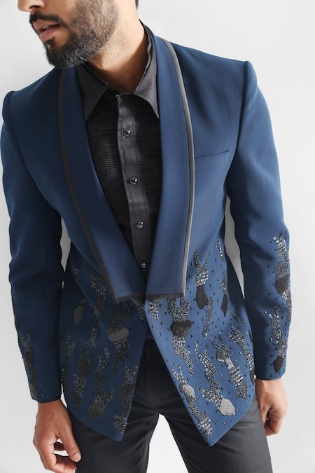 Shop_PAARSH_Blue Terrycloth Crystals, Embroidery Cutdana Embellished Tuxedo With Pant _Online_at_Aza_Fashions