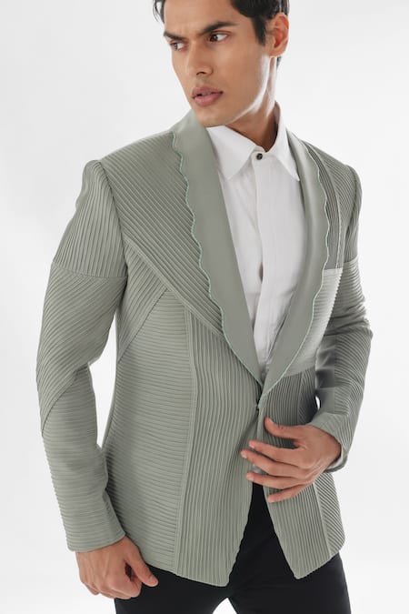 PAARSH Green Terrycloth Cut Work Pintuck Stripe Pattern Tuxedo With Pant Online at Aza Fashions PAARSH_Green Terrycloth Cut Work Pintuck Stripe Pattern Tuxedo With Pant _Online_at_Aza_Fashions