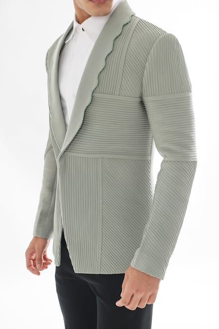 Buy PAARSH Green Terrycloth Cut Work Pintuck Stripe Pattern Tuxedo With Pant Online at Aza Fashions Buy_PAARSH_Green Terrycloth Cut Work Pintuck Stripe Pattern Tuxedo With Pant _Online_at_Aza_Fashions
