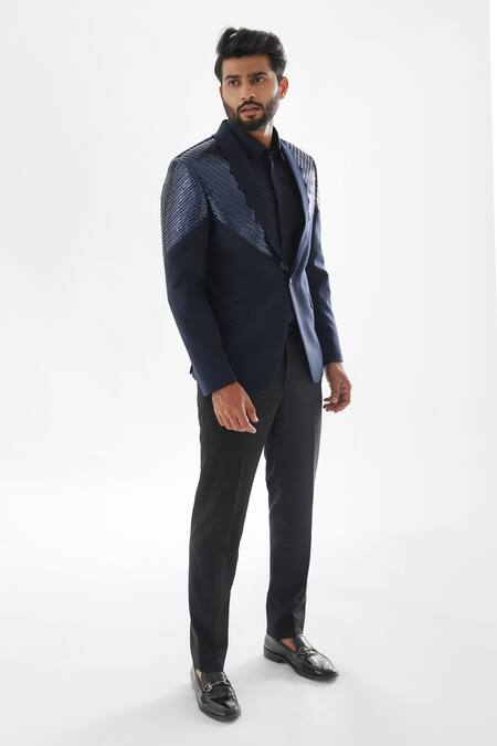 Buy_PAARSH_Blue Terrycloth Metallic Thread Navy Stripe Tuxedo Set _Online_at_Aza_Fashions