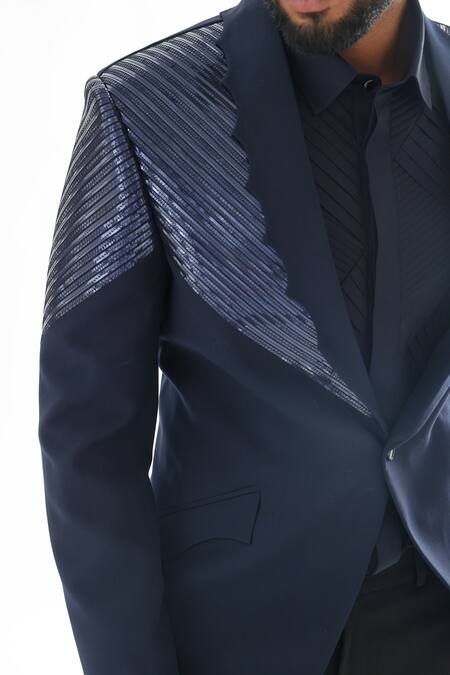 Shop_PAARSH_Blue Terrycloth Metallic Thread Navy Stripe Tuxedo Set _Online_at_Aza_Fashions