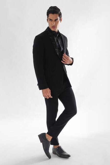 Buy_PAARSH_Black Terrycloth Cut Work Abstract Cutdana Embellished Tuxedo With Pant _Online_at_Aza_Fashions