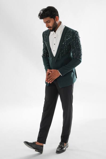 Buy PAARSH Green Terrycloth Sequins Dew Tasselled Tuxedo With Pant Online at Aza Fashions Buy_PAARSH_Green Terrycloth Sequins Dew Tasselled Tuxedo With Pant _Online_at_Aza_Fashions