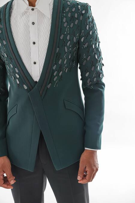 Shop PAARSH Green Terrycloth Sequins Dew Tasselled Tuxedo With Pant Online at Aza Fashions Shop_PAARSH_Green Terrycloth Sequins Dew Tasselled Tuxedo With Pant _Online_at_Aza_Fashions