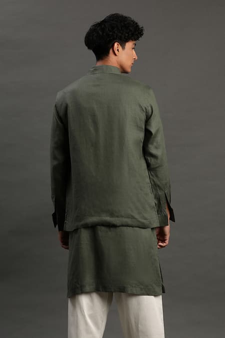 Shop_Byb Premium_Green Linen Embroidery, Beads Waistcoat With Kurta Set _at_Aza_Fashions