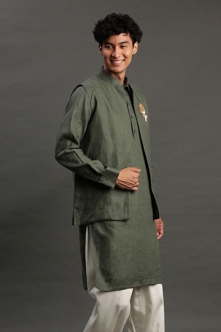 Byb Premium_Green Linen Embroidery, Beads Waistcoat With Kurta Set _Online_at_Aza_Fashions