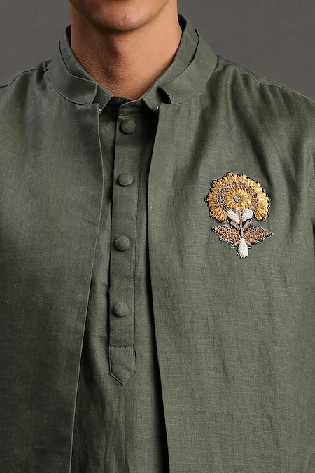 Buy_Byb Premium_Green Linen Embroidery, Beads Waistcoat With Kurta Set _Online_at_Aza_Fashions