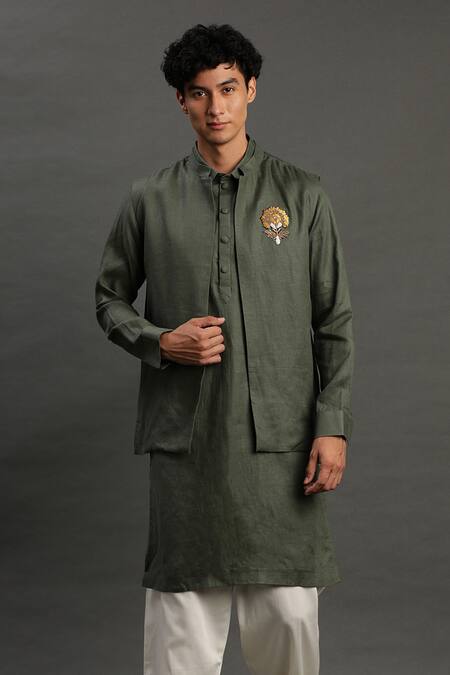 Shop_Byb Premium_Green Linen Embroidery, Beads Waistcoat With Kurta Set _Online_at_Aza_Fashions
