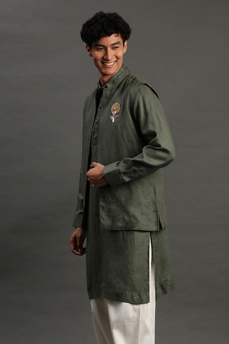 Byb Premium_Green Linen Embroidery, Beads Waistcoat With Kurta Set _at_Aza_Fashions