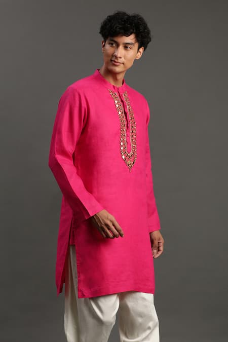 Byb Premium_Fuchsia Linen, Cotton Mirrors Hand Embroidered Kurta And Pyjama Set _Online_at_Aza_Fashions
