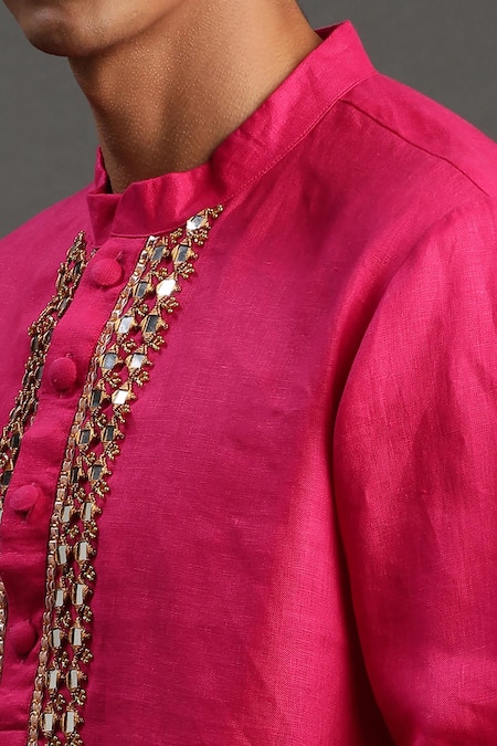 Shop_Byb Premium_Fuchsia Linen, Cotton Mirrors Hand Embroidered Kurta And Pyjama Set _Online_at_Aza_Fashions