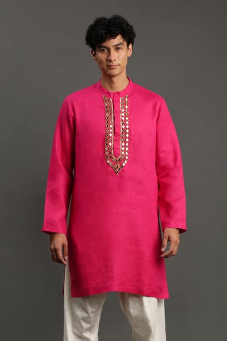Byb Premium_Fuchsia Linen, Cotton Mirrors Hand Embroidered Kurta And Pyjama Set _at_Aza_Fashions