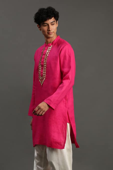 Buy_Byb Premium_Fuchsia Linen, Cotton Mirrors Hand Embroidered Kurta And Pyjama Set 