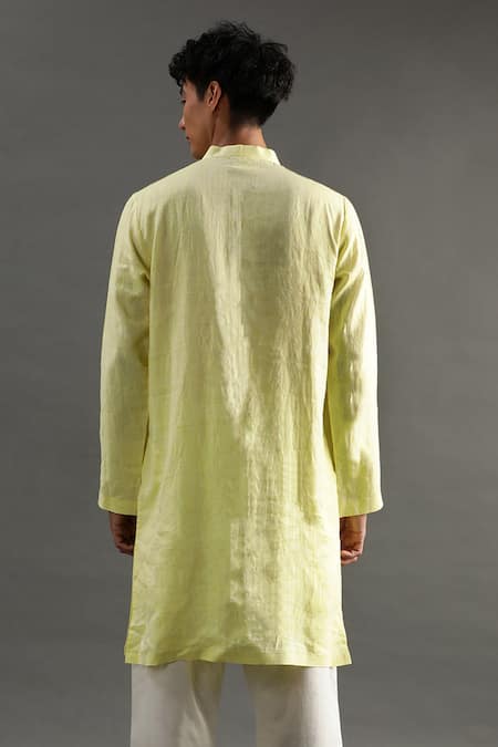 Shop_Byb Premium_Yellow Linen Embroidery Placket Kurta And White Pyjama Set _at_Aza_Fashions