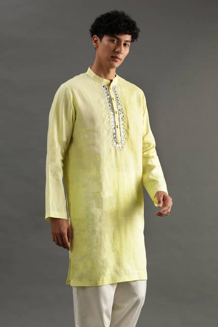 Byb Premium_Yellow Linen Embroidery Placket Kurta And White Pyjama Set _Online_at_Aza_Fashions