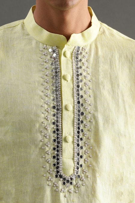Buy_Byb Premium_Yellow Linen Embroidery Placket Kurta And White Pyjama Set _Online_at_Aza_Fashions
