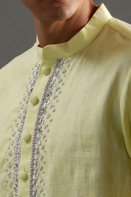Shop_Byb Premium_Yellow Linen Embroidery Placket Kurta And White Pyjama Set _Online_at_Aza_Fashions