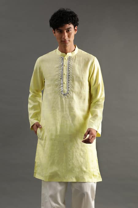 Byb Premium_Yellow Linen Embroidery Placket Kurta And White Pyjama Set _at_Aza_Fashions
