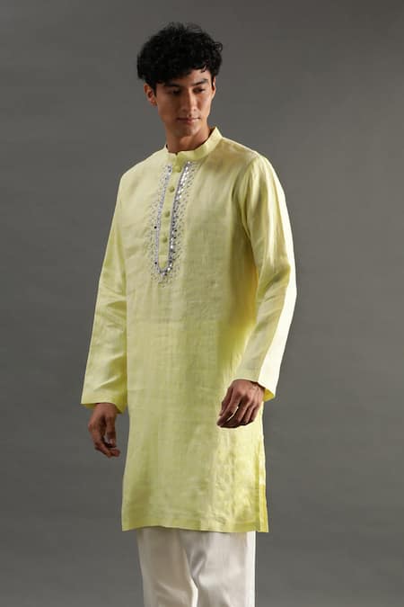 Buy_Byb Premium_Yellow Linen Embroidery Placket Kurta And White Pyjama Set 