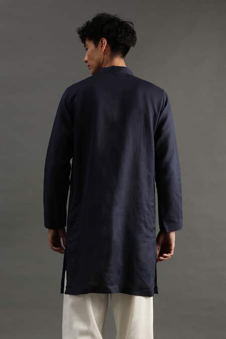 Shop Byb Premium Blue Linen Embroidery Placket Pearl Kurta And Pyjama Set at Aza Fashions Shop_Byb Premium_Blue Linen Embroidery Placket Pearl Kurta And Pyjama Set _at_Aza_Fashions