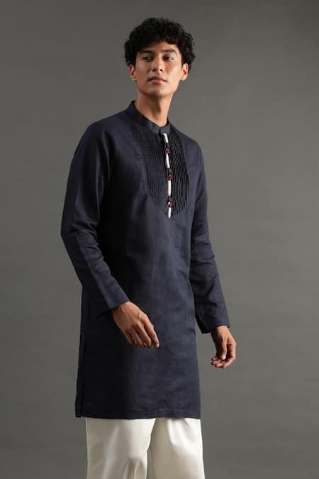 Byb Premium Blue Linen Embroidery Placket Pearl Kurta And Pyjama Set Online at Aza Fashions Byb Premium_Blue Linen Embroidery Placket Pearl Kurta And Pyjama Set _Online_at_Aza_Fashions